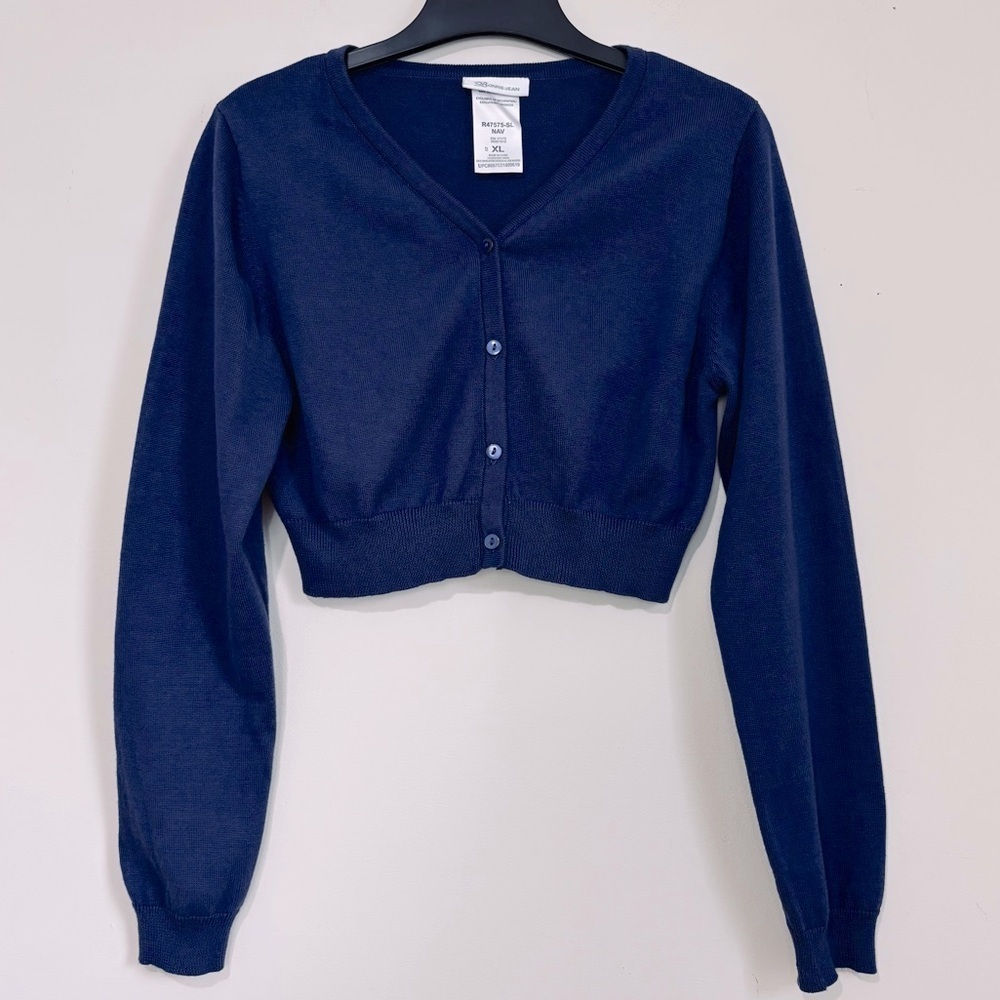 Bonnie Jean Junior Girls Button up Crop long sleeve Navy knit sweater Cardigan